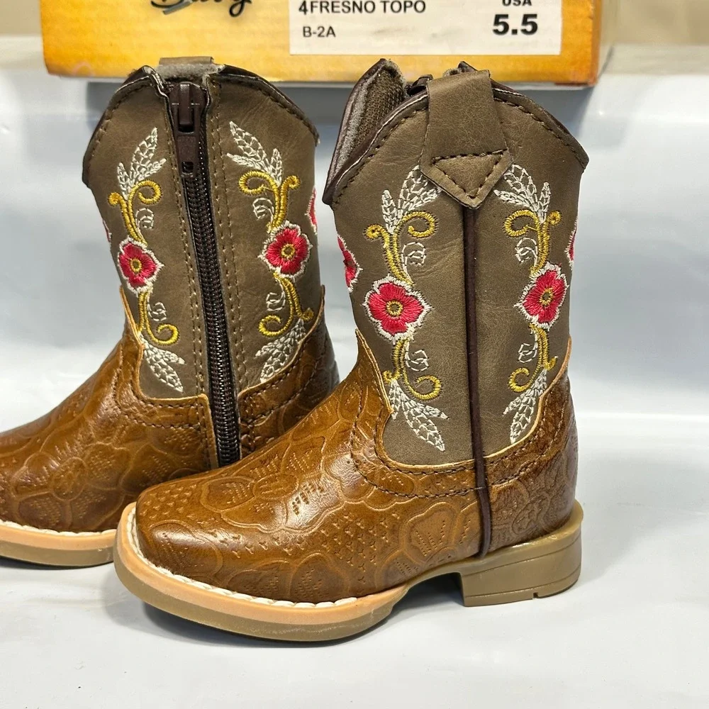 Richard West Cowboy Boots Girls 5.5 Brown Floral Embroidered Leather Excellent‎